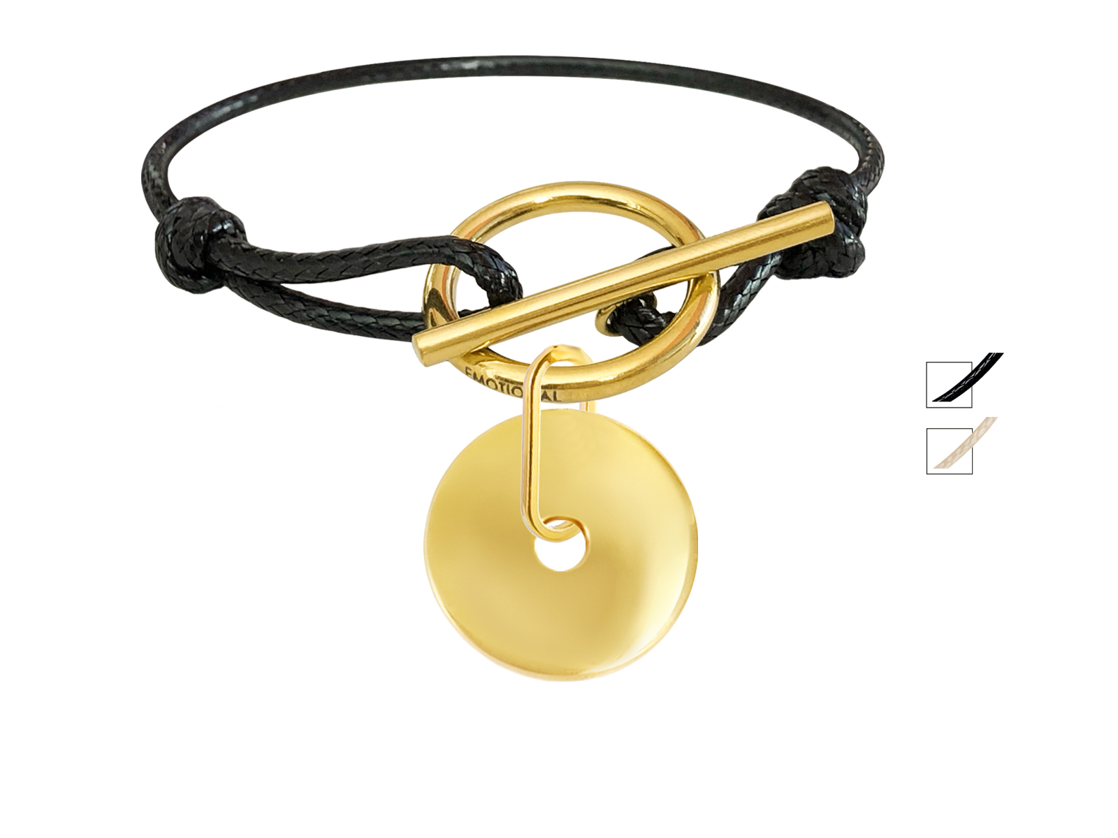 Bracelet cordon noir ajustable avec médaille ronde en acier inoxydable doré  à personnaliser - Bijoux de Mode