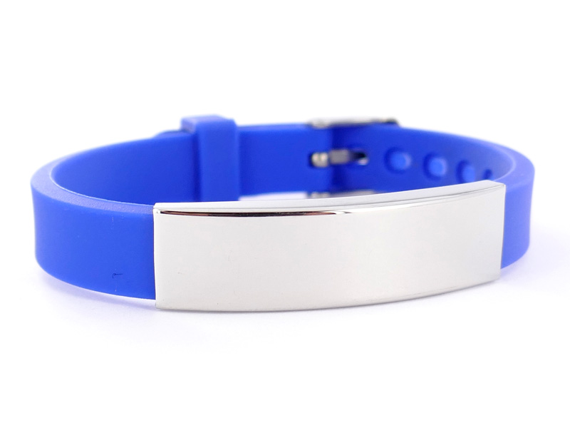 Bracelet silicone avec plaque acier à personnaliser | Couleur silicone : Bleu, Couleur acier : Argenté