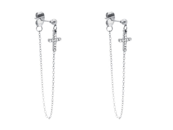 Boucles d'oreilles pendantes croix oxydes de zirconium et chaînette en acier inoxydable argenté