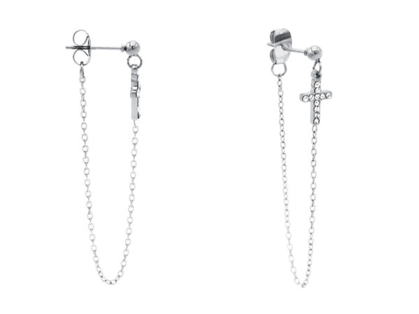 Boucles d'oreilles pendantes croix oxydes de zirconium et chaînette en acier inoxydable argenté