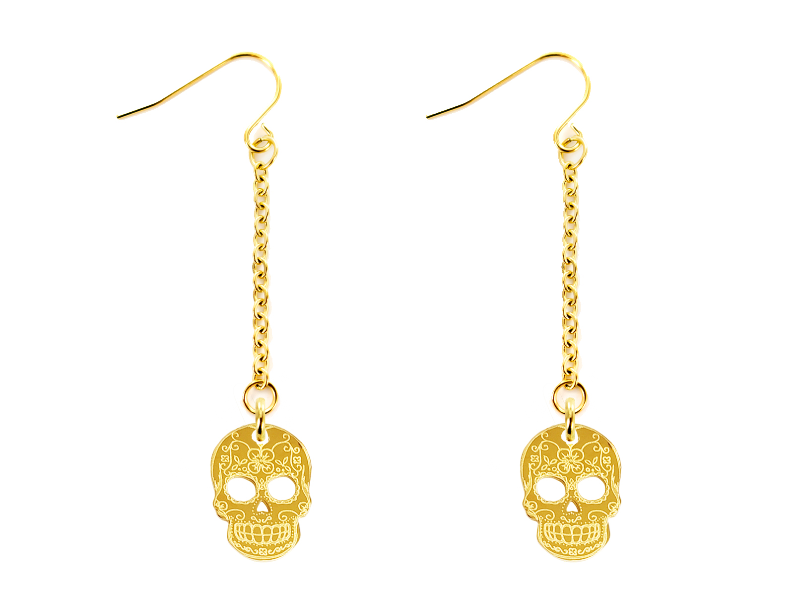 Boucles d'oreilles pendantes décorées de pampilles tête de mort (14mm) en acier inoxydable doré