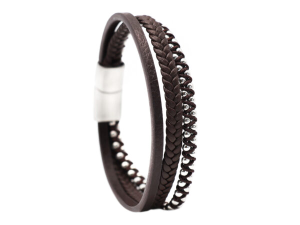 Bracelet homme cuir microfibre et acier inoxydable argenté