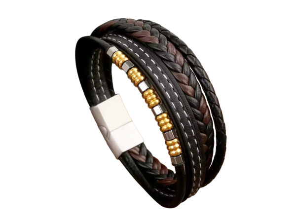 Bracelet homme 4 rangs en similicuir et acier inoxydable