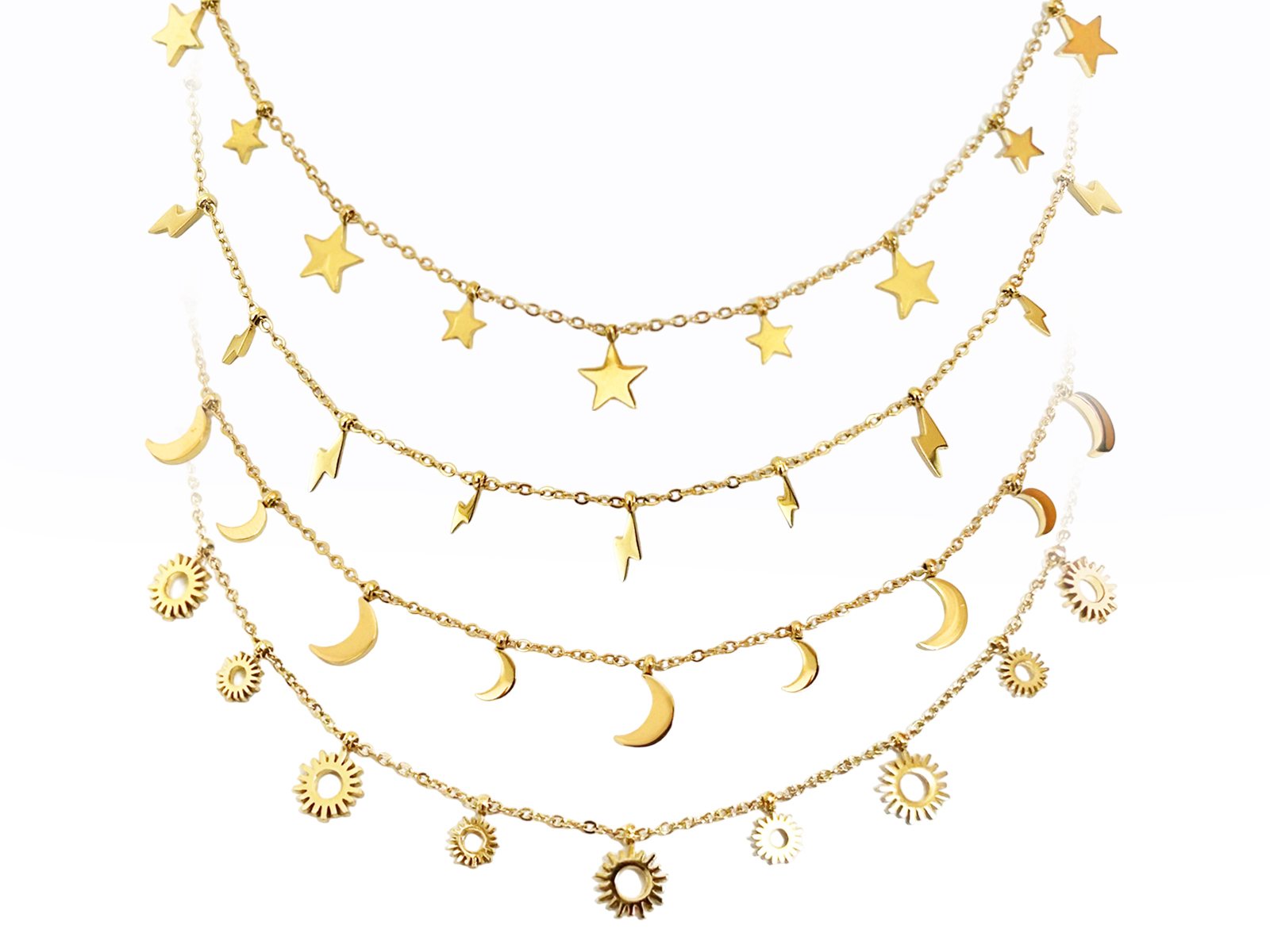 Collier breloques en acier inoxydable doré étoile, soleil, lune, éclair.