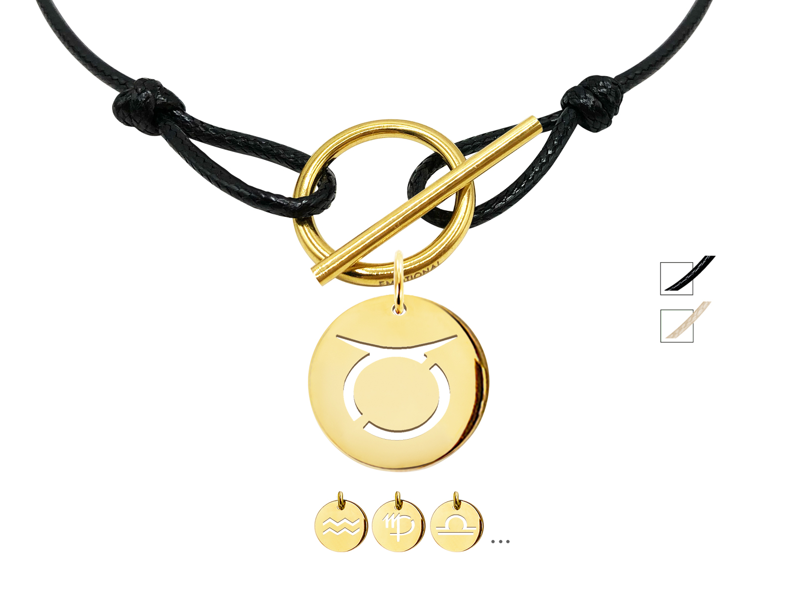 Collier cordon ajustable noir avec fermoir T agrémenté d'une pampille signe astrologique en acier inoxydable doré