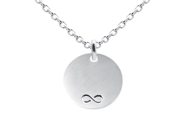 Collier orné d'une médaille ronde (14mm) avec signe infini ajouré en acier inoxydable argenté