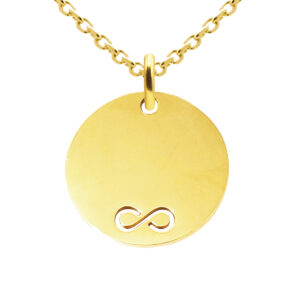 Collier orné d'une médaille ronde (20mm) avec signe infini ajouré en acier inoxydable doré