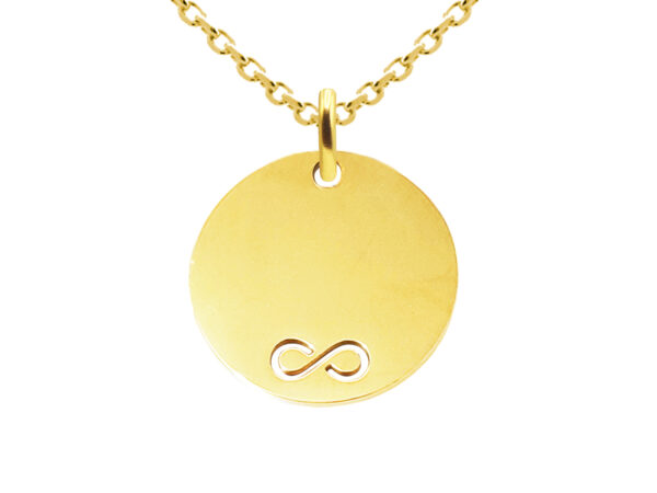 Collier orné d'une médaille ronde (20mm) avec signe infini ajouré en acier inoxydable doré