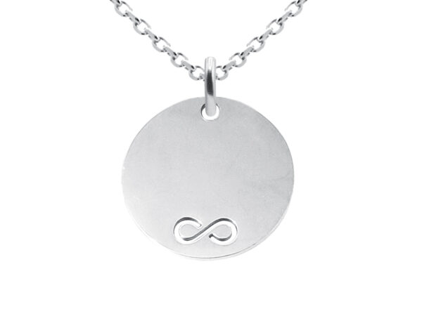 Collier orné d'une médaille ronde (20mm) avec signe infini ajouré en acier inoxydable argenté