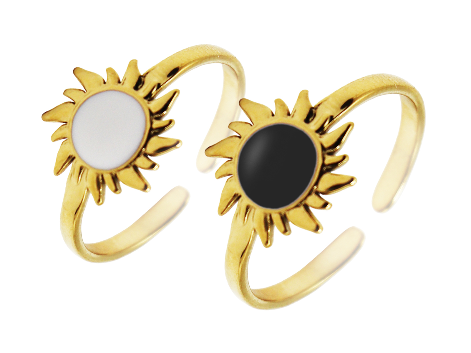 Bague ajustable soleil émail noir ou blanc en acier inoxydable doré