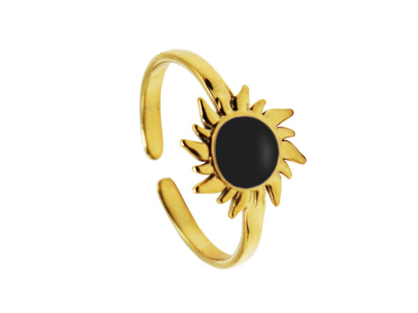 Bague ajustable soleil émail noir ou blanc en acier inoxydable doré