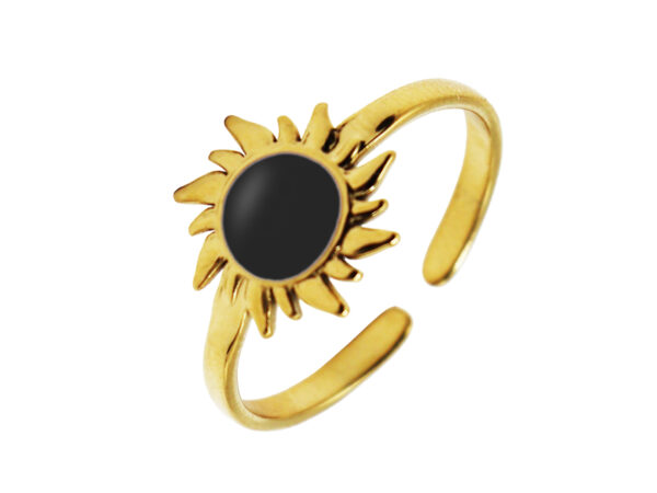 Bague ajustable soleil émail noir ou blanc en acier inoxydable doré