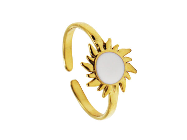 Bague ajustable soleil émail noir ou blanc en acier inoxydable doré