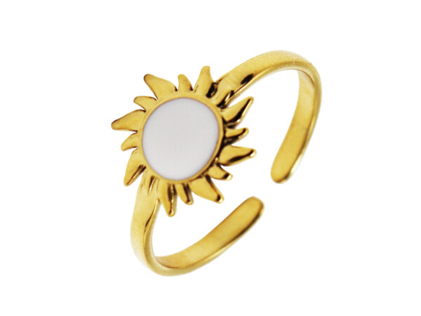 Bague ajustable soleil émail noir ou blanc en acier inoxydable doré