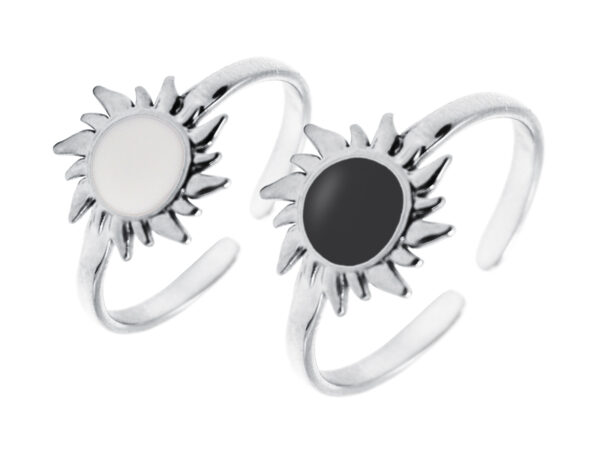 Bague ajustable soleil émail noir ou blanc en acier inoxydable argenté