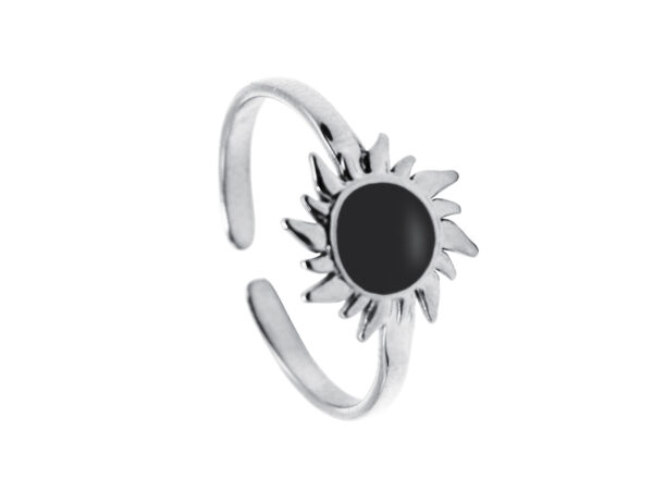 Bague ajustable soleil émail noir ou blanc en acier inoxydable argenté