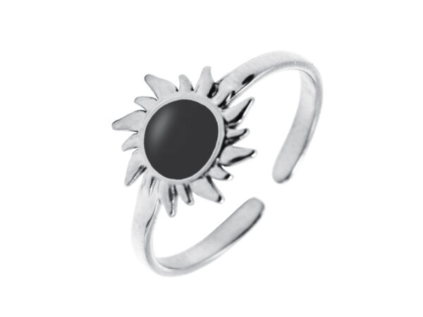 Bague ajustable soleil émail noir ou blanc en acier inoxydable argenté