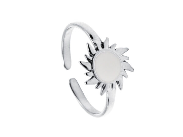 Bague ajustable soleil émail noir ou blanc en acier inoxydable argenté