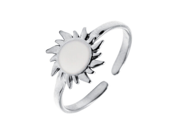 Bague ajustable soleil émail noir ou blanc en acier inoxydable argenté