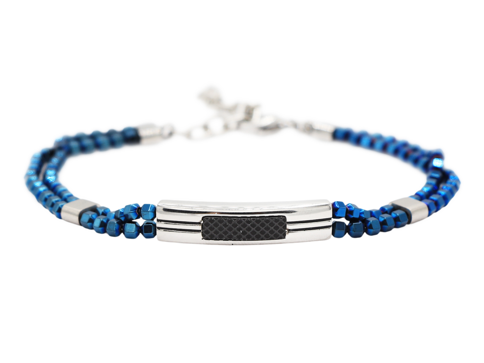 Bracelet homme perles bleues en acier inoxydable