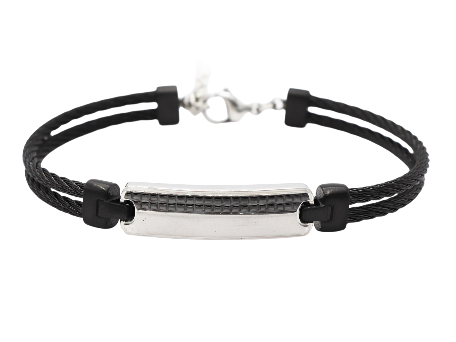 Bracelet homme double câble noir avec plaque à personnaliser en acier inoxydable