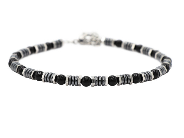 Bracelet homme en pierres naturelles, hématite et acier inoxydable argenté