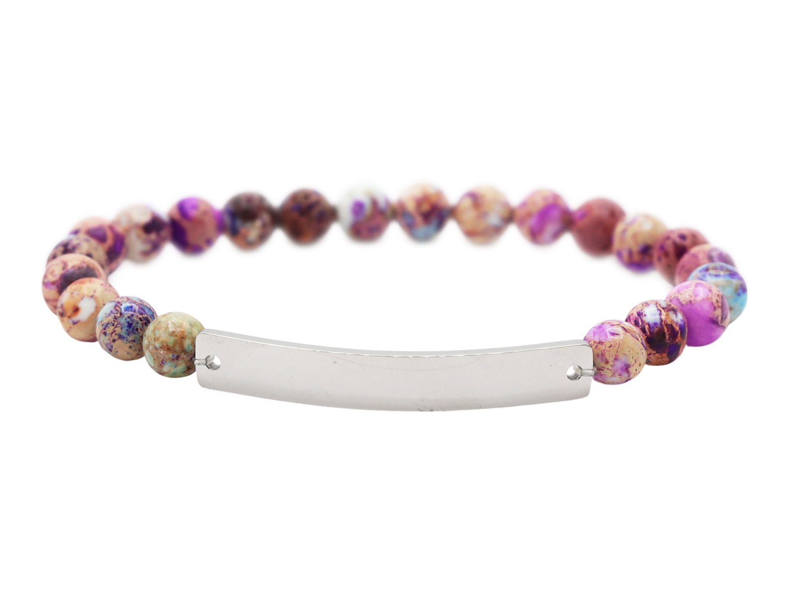 Bracelet en pierres naturelles avec plaque en acier inoxydable argenté à personnaliser - Jaspe violet (6mm)