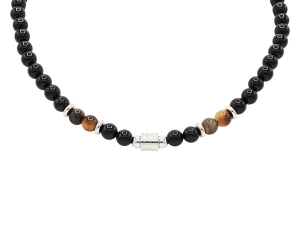 Collier homme en pierres naturelles - Onyx noir et Oeil de tigre jaune (6mm)