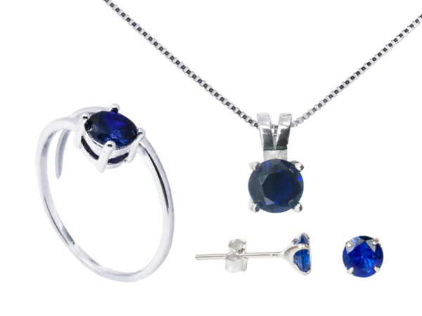 Trio bleu saphir composé d'un collier de boucle d'oreilles "solitaire" et d'une bague ajustable argent 925/1000 rhodié