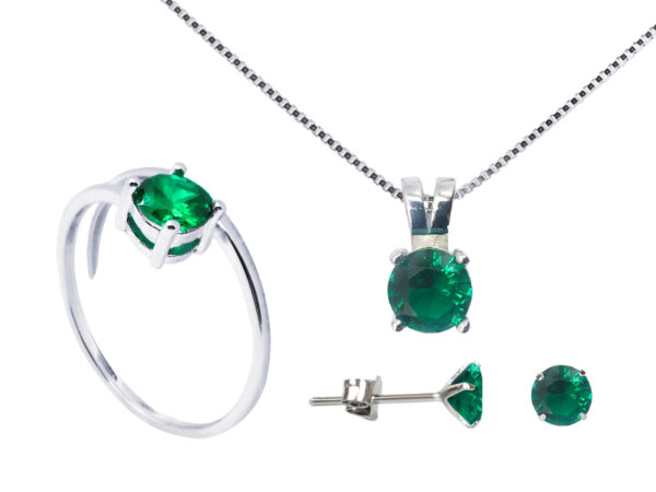 Trio vert émeraude composé d'un collier de boucle d'oreilles "solitaire" et d'une bague ajustable argent 925/1000 rhodié