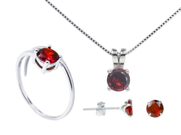 Trio rouge composé d'un collier de boucle d'oreilles "solitaire" et d'une bague ajustable argent 925/1000 rhodié