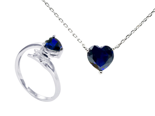 Duo amour bleu saphir collier et bague ajustable argent 925/1000 rhodié